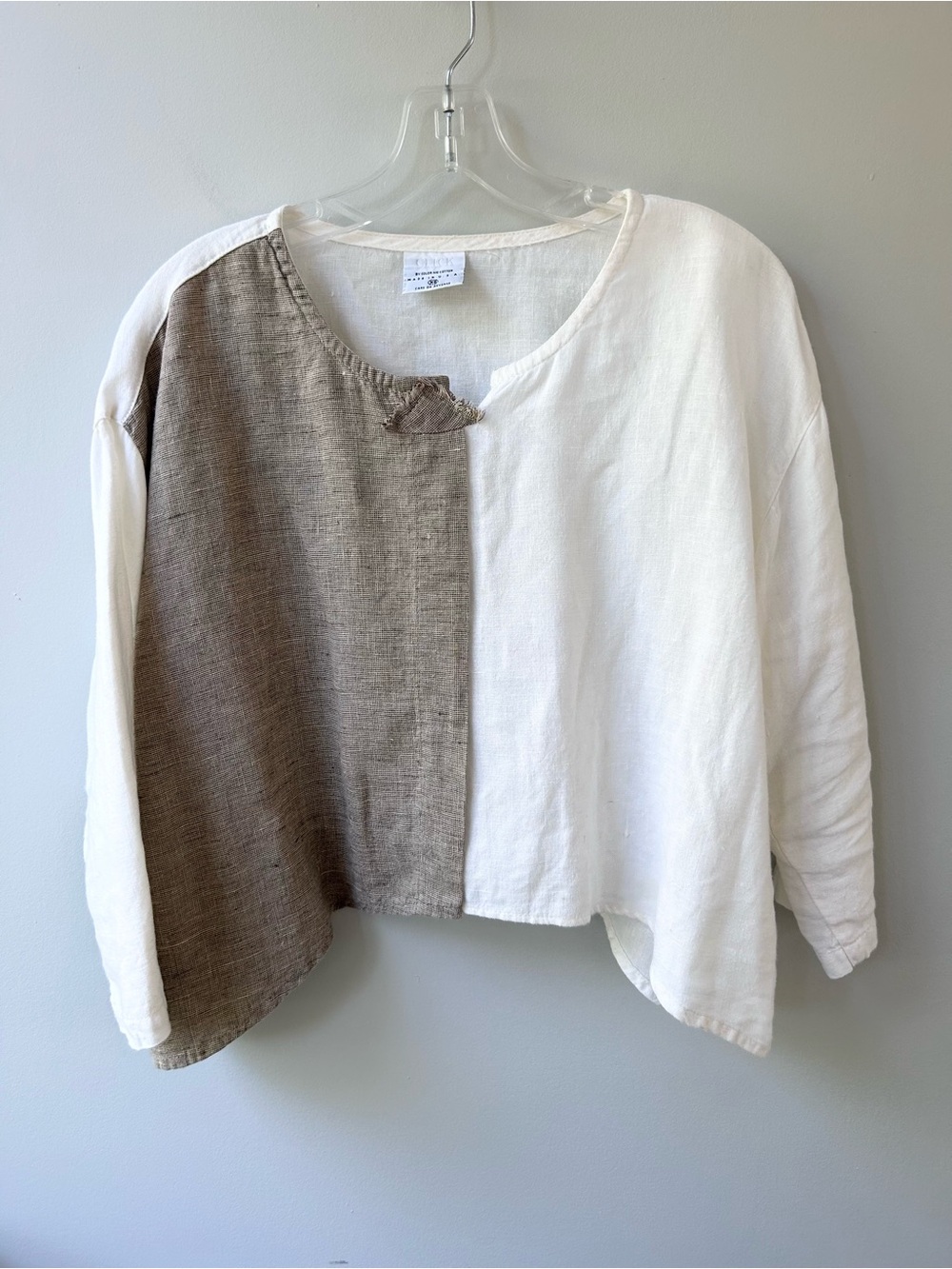 Two-Tone Linen Blend Button-Front Blouse - White & Taupe